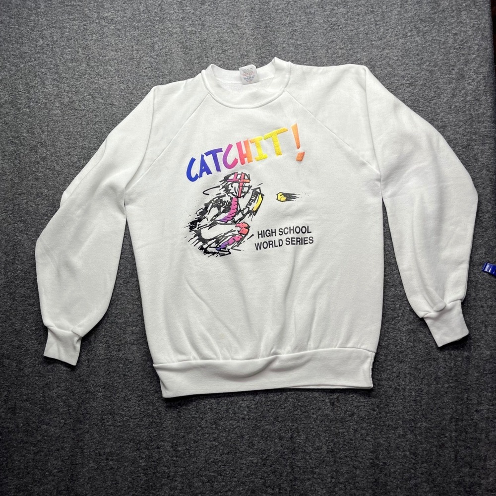 Vintage Sweatshirt Mens Large White Miller CATCH IT High School World Series USA